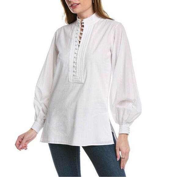 Trina Turk Bianca Blouse Long Balloon Sleeve Half Button Up Women Small White - Picture 7 of 9